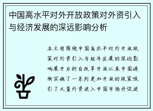 中国高水平对外开放政策对外资引入与经济发展的深远影响分析 中国高水平对外开放政策对外资引入与经济发展的深远影响分析