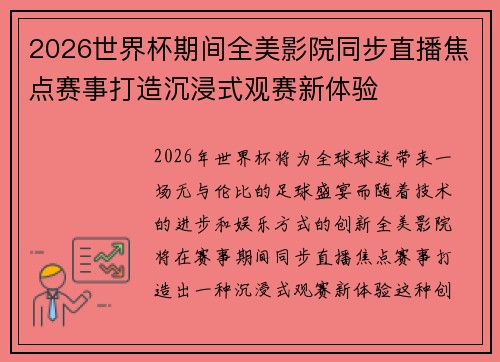2026世界杯期间全美影院同步直播焦点赛事打造沉浸式观赛新体验 2026世界杯期间全美影院同步直播焦点赛事打造沉浸式观赛新体验
