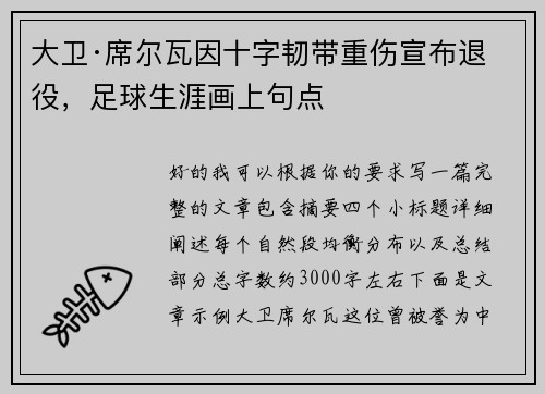 大卫·席尔瓦因十字韧带重伤宣布退役，足球生涯画上句点